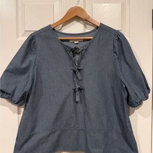 LOFT Navy Pinstripe Blouse with Bow Accents